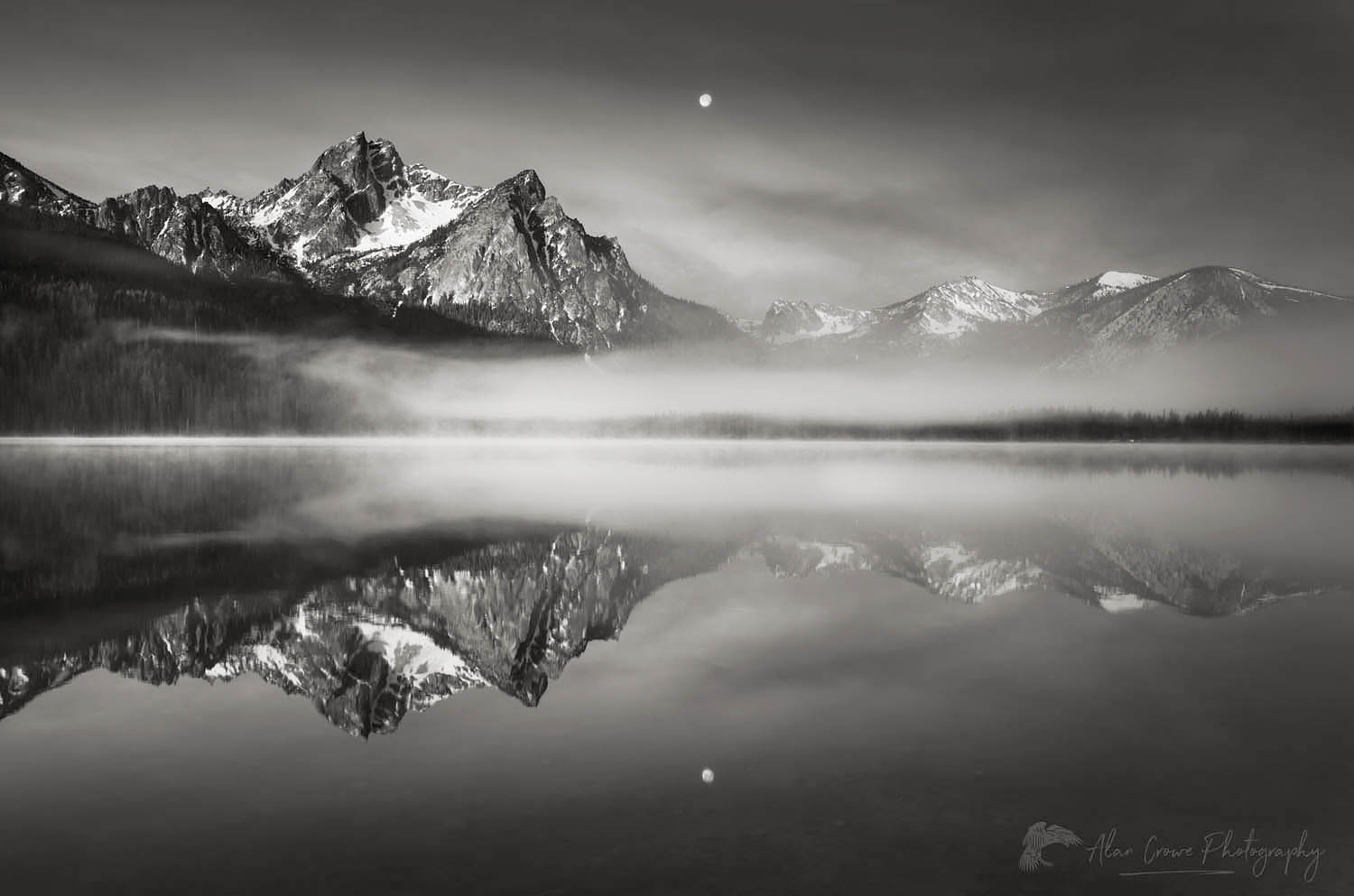 Moon setting over McGown Peak and Stanley Lake, Sawtooth Mountains, Idaho #55933bw