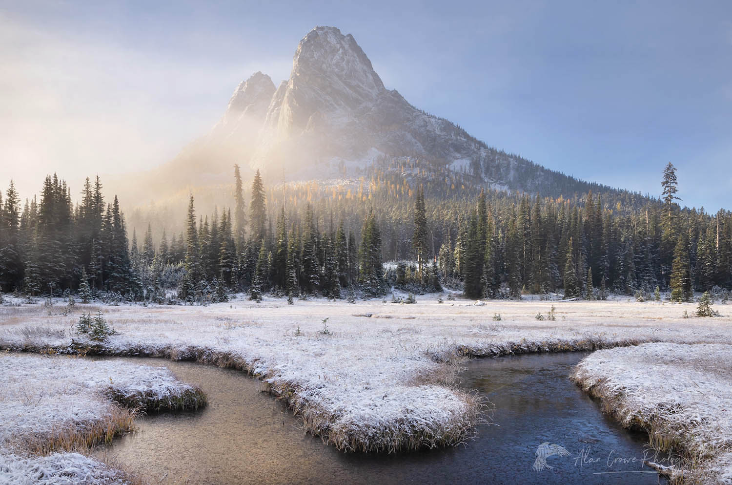 Fresh autumn snow on Liberty Bell Mountain and meadows of Washington Pass. North Cascades, Washington #64475