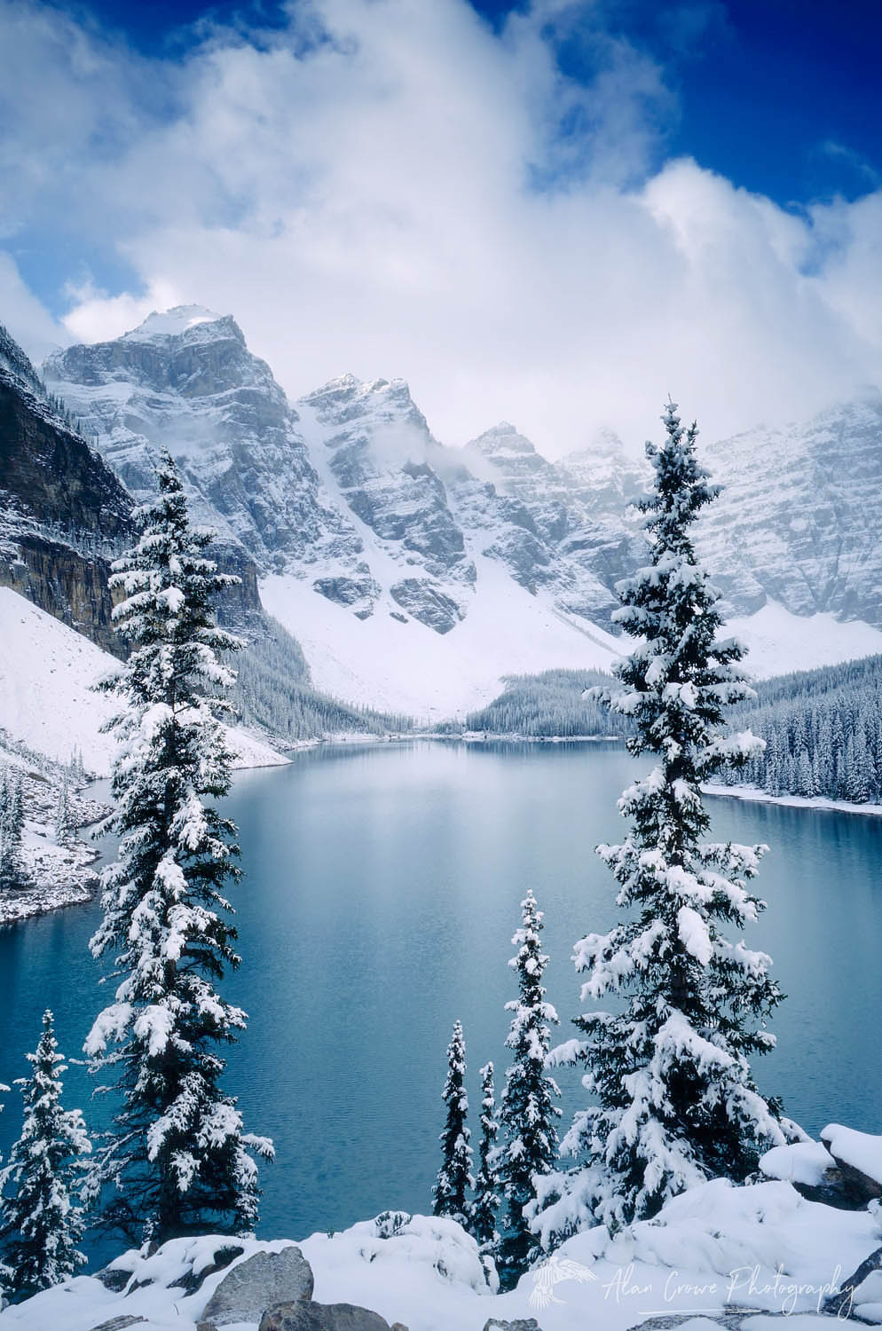 Autumn snowfall on Moraine Lake, Banff National Park Alberta Canada #4093
