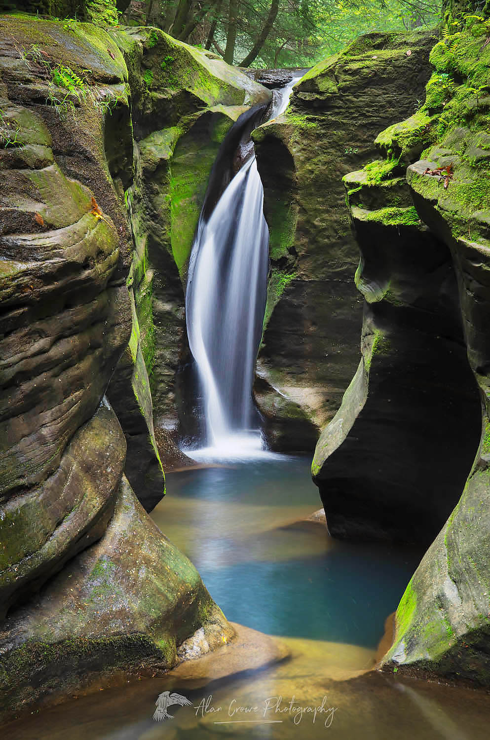 Robinson Falls, also known as Corkscrew Falls, carves through a small gorge of Black Hand Sandstone. Boch Hollow State Nature Preserve. Hocking Hills Ohio #63312