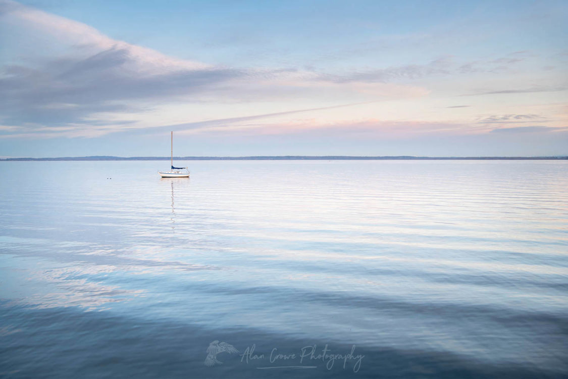 Sailboat anchored in Bellingham Bay on a calm morning, Bellingham, Washington #64831