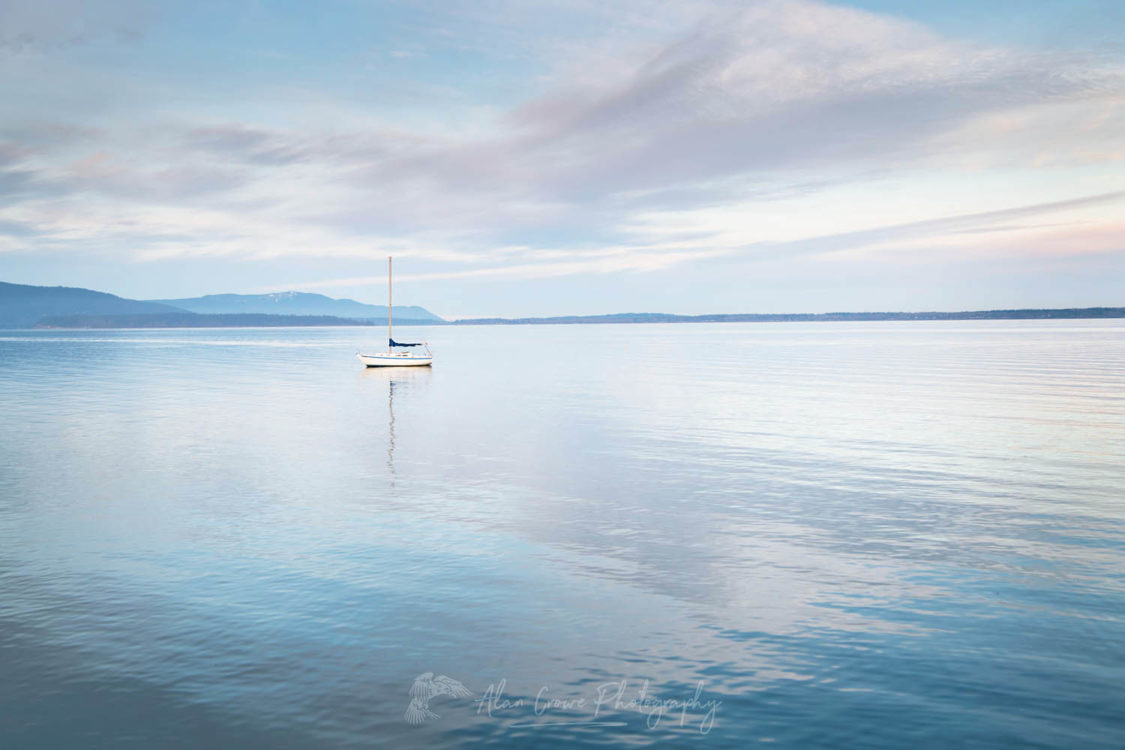 Sailboat anchored in Bellingham Bay on a calm morning, Bellingham, Washington #64833