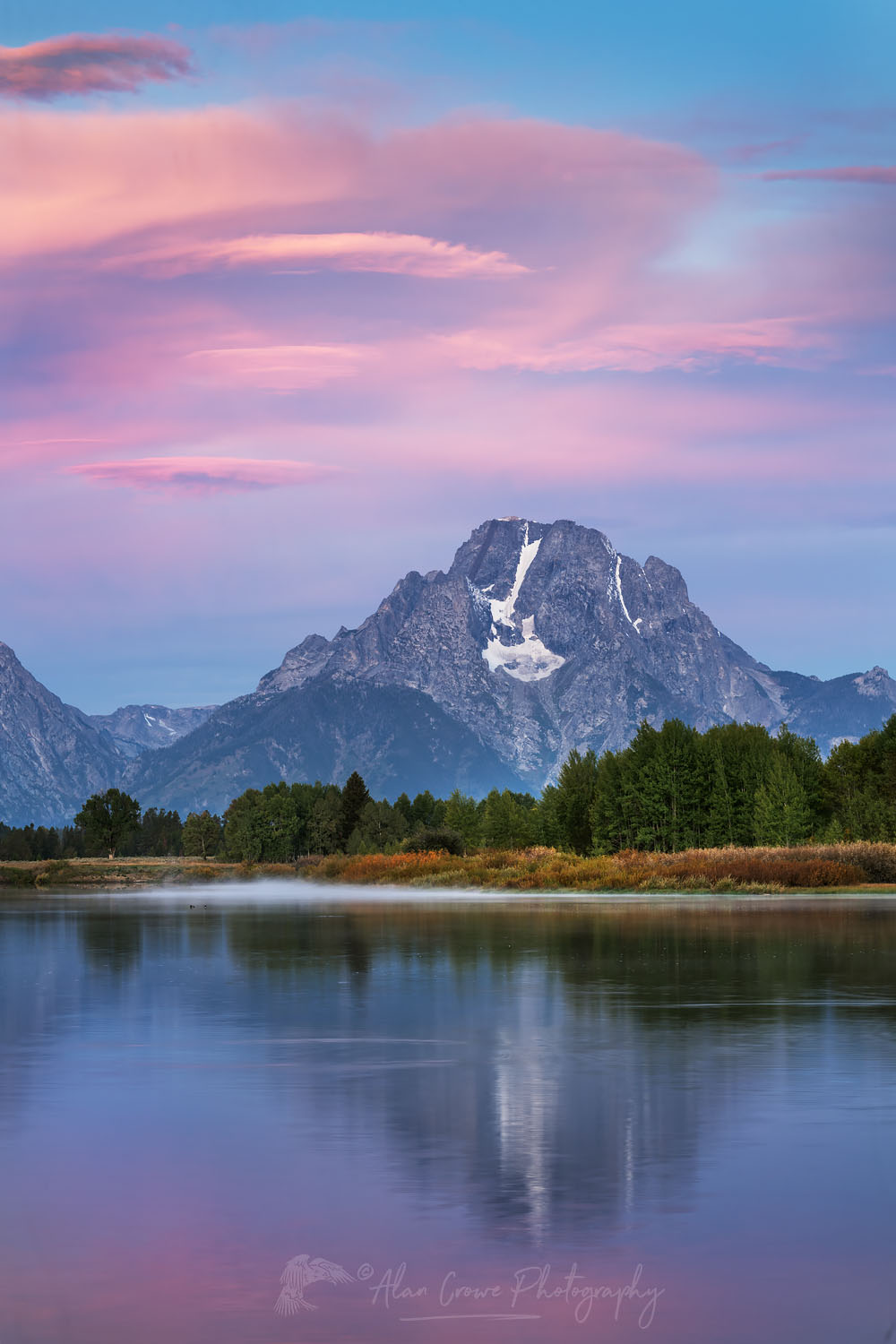 Mount Moran reflected in still waters of the Snake River at Oxbow Bend at sunrise, Grand Teton National Park Wyoming #67688