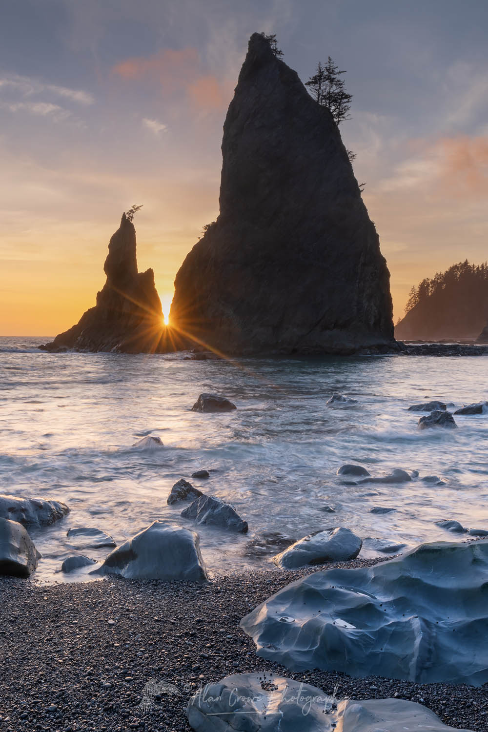 Setting sun behind Split Rock on Rialto Beach, Olympic National Park #65317