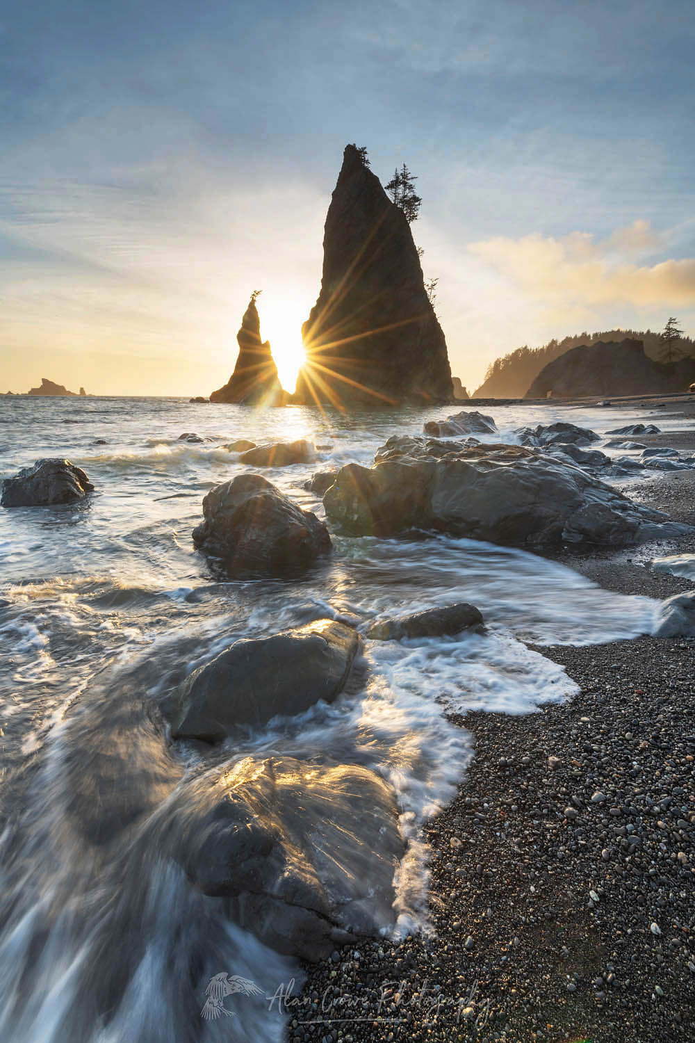 Setting sun behind Split Rock on Rialto Beach, Olympic National Park #65302