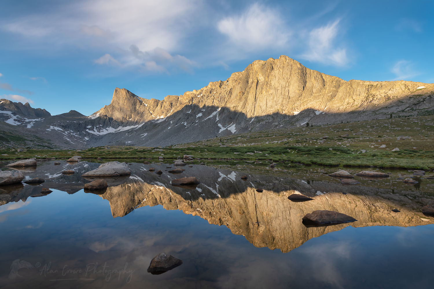 Pronghorn and Dragon Head Peaks reflected in pond near Lee Lake, Bridger Wilderness. Wind River Range, Wyoming #69127
