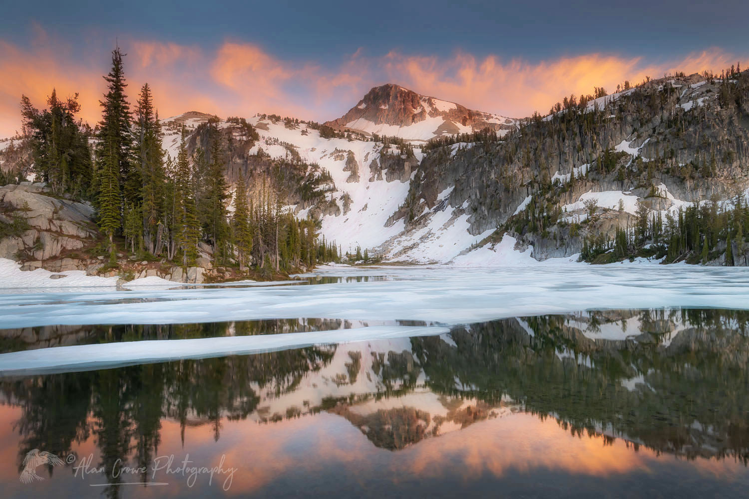Alpenglow over Eagle Cap reflected in Mirror Lake, Eagle Cap Wilderness, Wallowa Mountains, Oregon #68749or