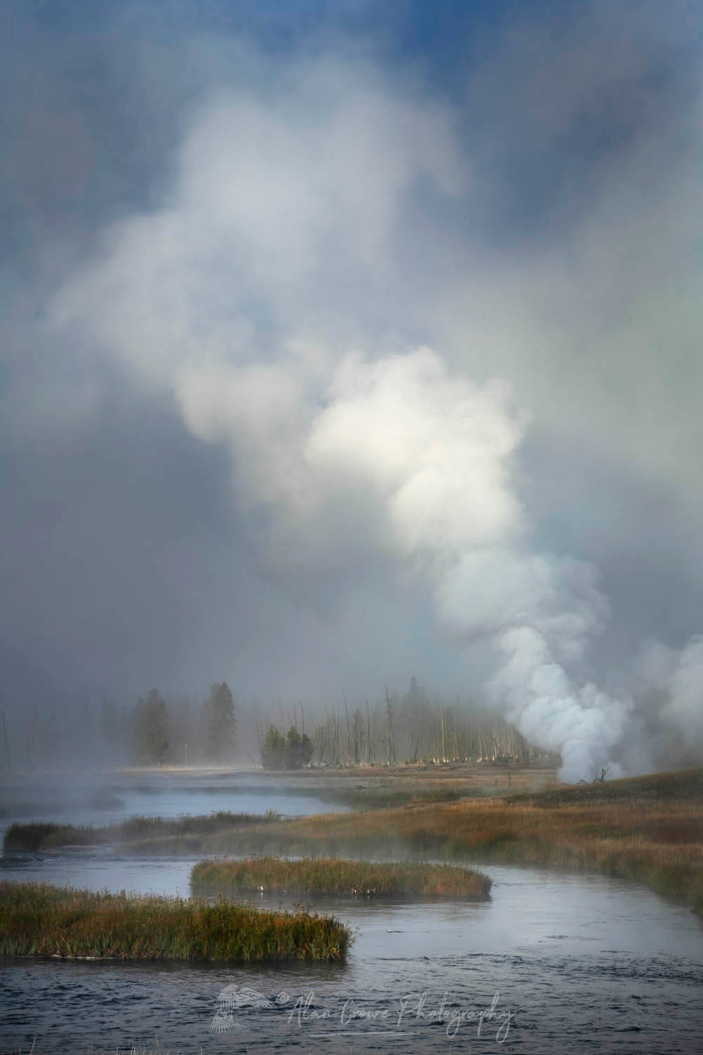 Fog and geyser steam along the Firehole River, Yellowstone National Park #67865