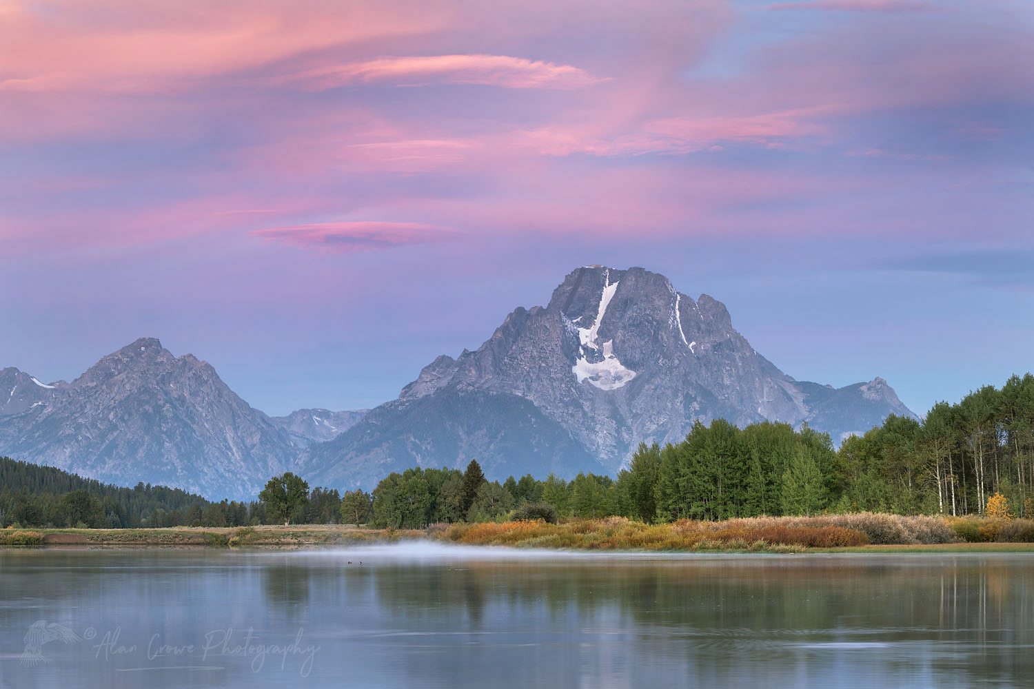 Mount Moran reflected in still waters of the Snake River at Oxbow Bend at sunrise, Grand Teton National Park Wyoming #67687