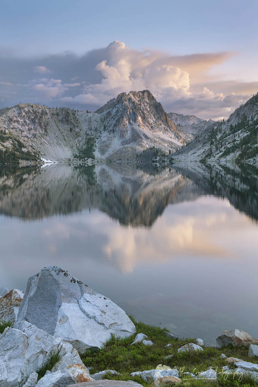 Morning clouds mirrored in still waters of Sawtooth Lake. Sawtooth Mountains Wilderness Idaho #65940