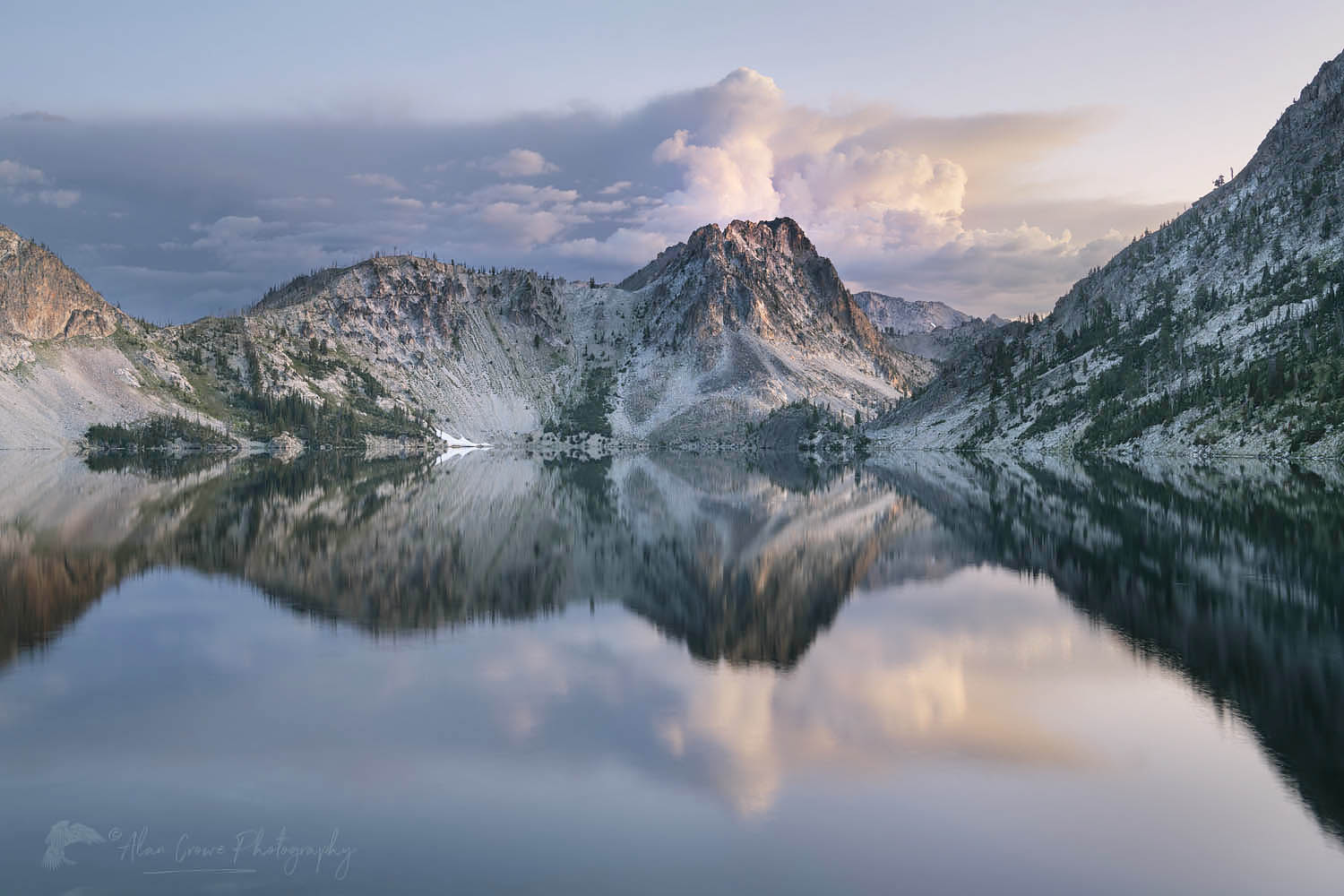 Morning clouds mirrored in still waters of Sawtooth Lake. Sawtooth Mountains Wilderness Idaho #65942