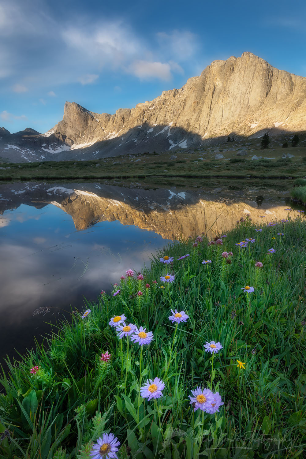 Pronghorn and Dragon Head Peaks reflected in pond near Lee Lake, Bridger Wilderness. Wind River Range, Wyoming #69137or
