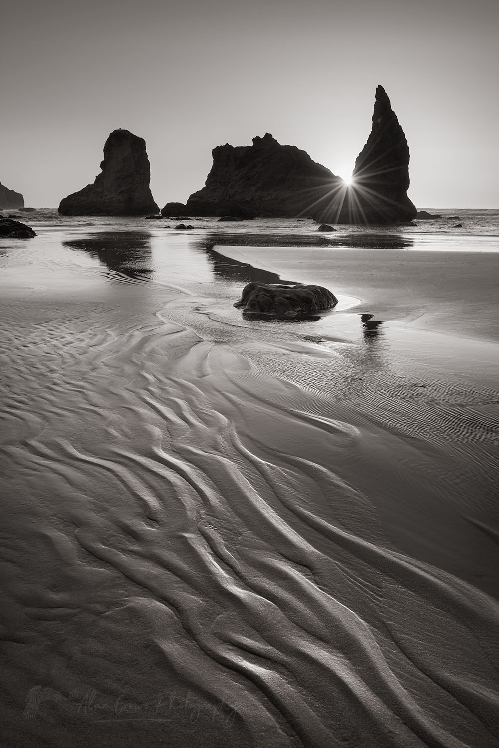 Sunset on Bandon Beach at low tide, Bandon, Oregon #70903bw