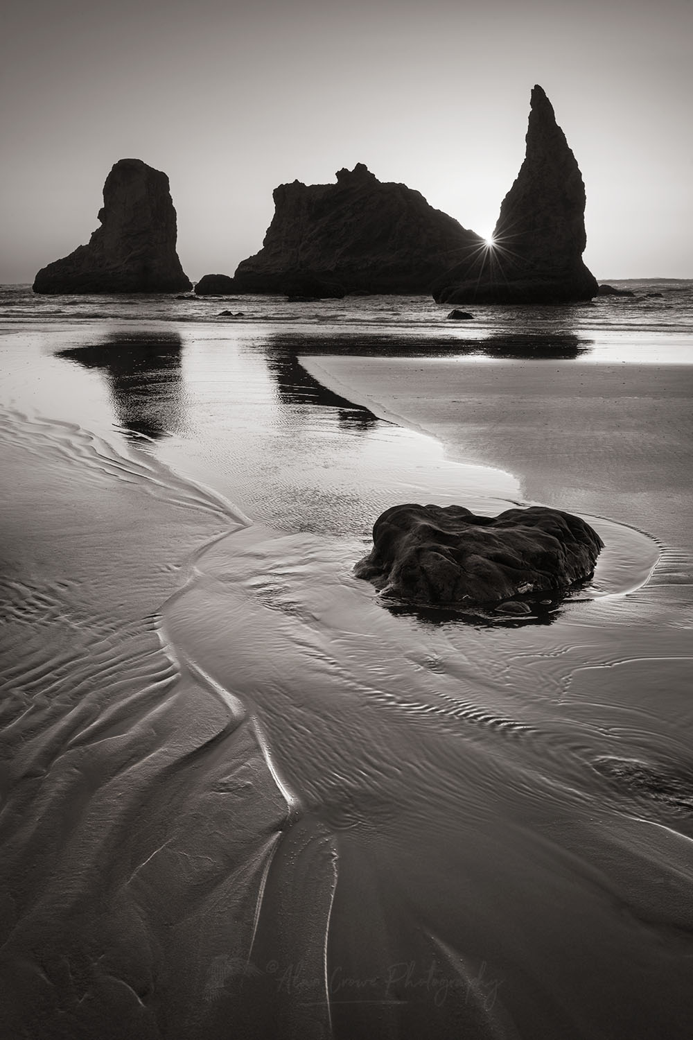 Sunset on Bandon Beach at low tide, Bandon, Oregon #70917bw