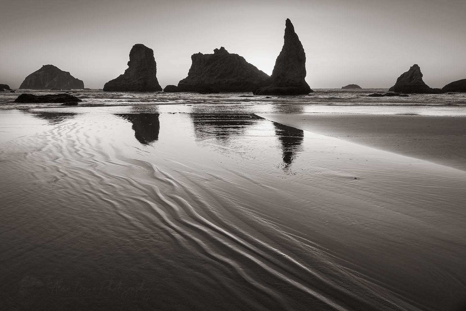 Sunset on Bandon Beach at low tide, Bandon, Oregon #70932bw