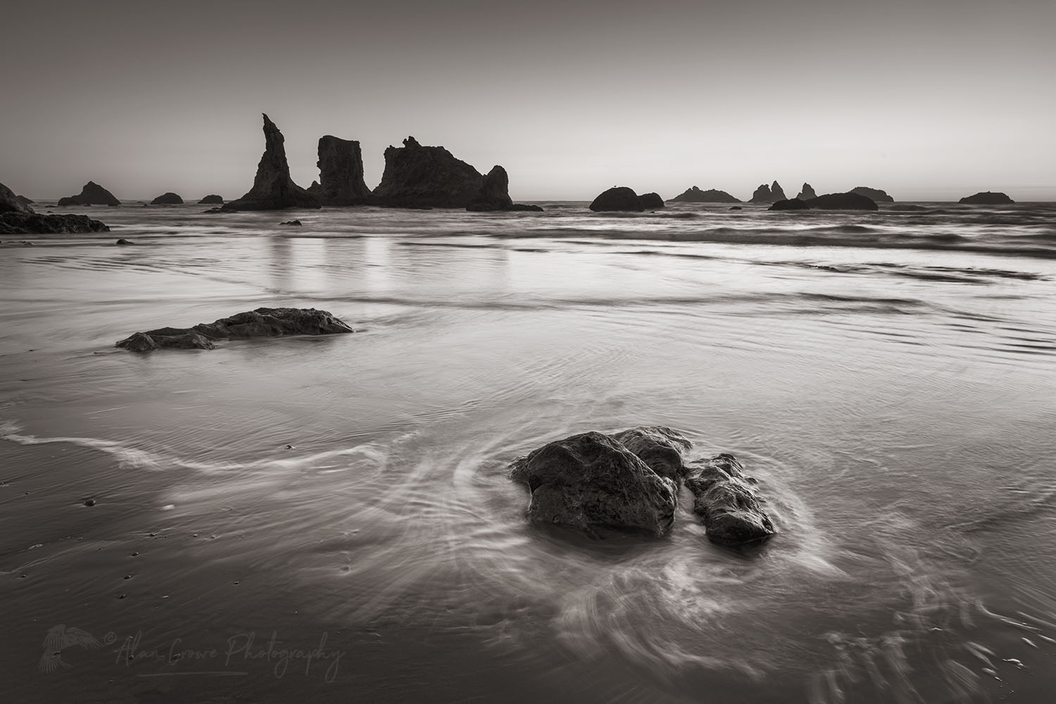Twilight over Bandon Beach at low tide, Bandon, Oregon #71038bw