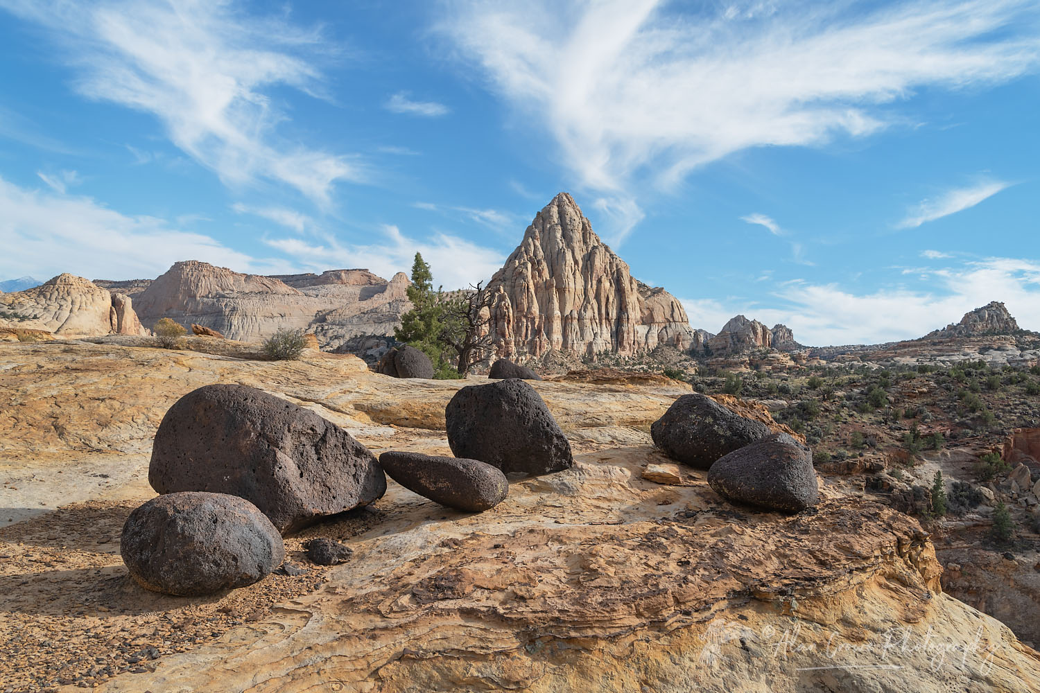 Pectols Pyramid and black lava boulders Capitol Reef National Park #75356