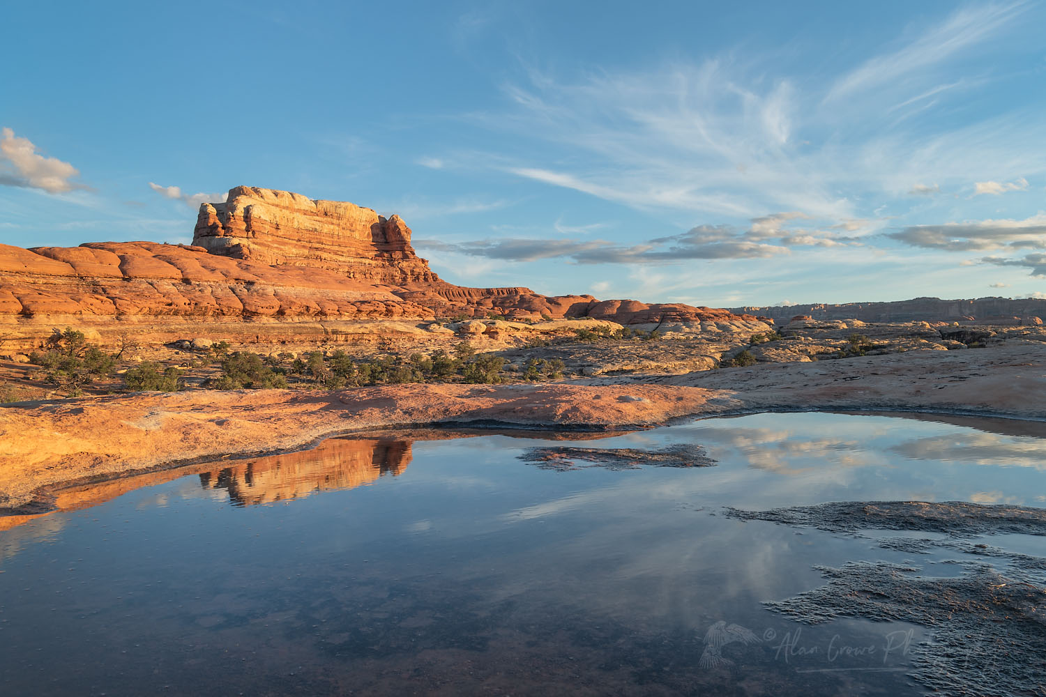 Sandstone butte reflected in water-filled potholes on slickrock mesa, Needles District, Canyonlands National Park Utah 74644