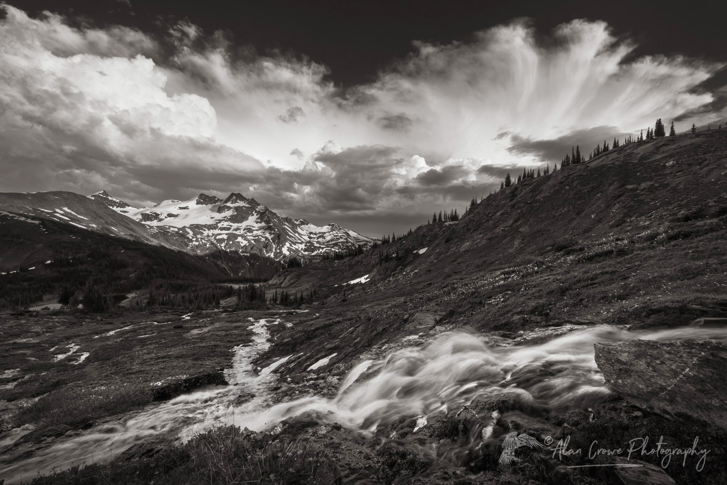 Evening storm clouds over Twin Towers, Cony Peak, and Spillimacheen Glacier. Seen from Silent Mountain. Purcell Mountains British Columbia #86274bw