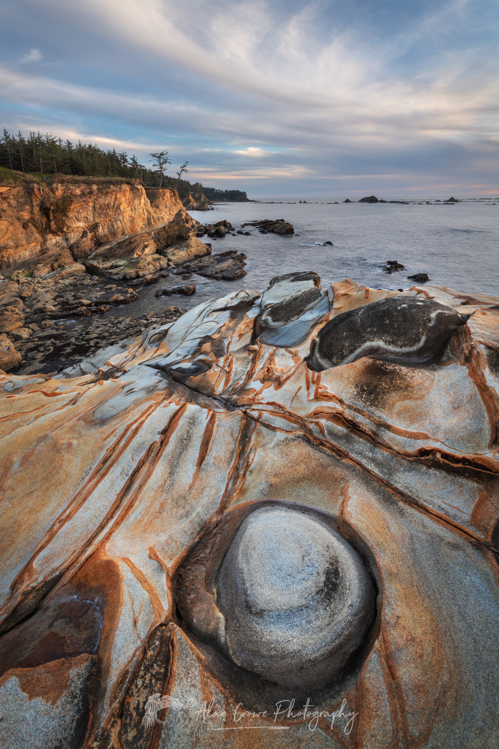 Sunset over Mineral concretions on cliffs of Shore Acres State Park Oregon #82984