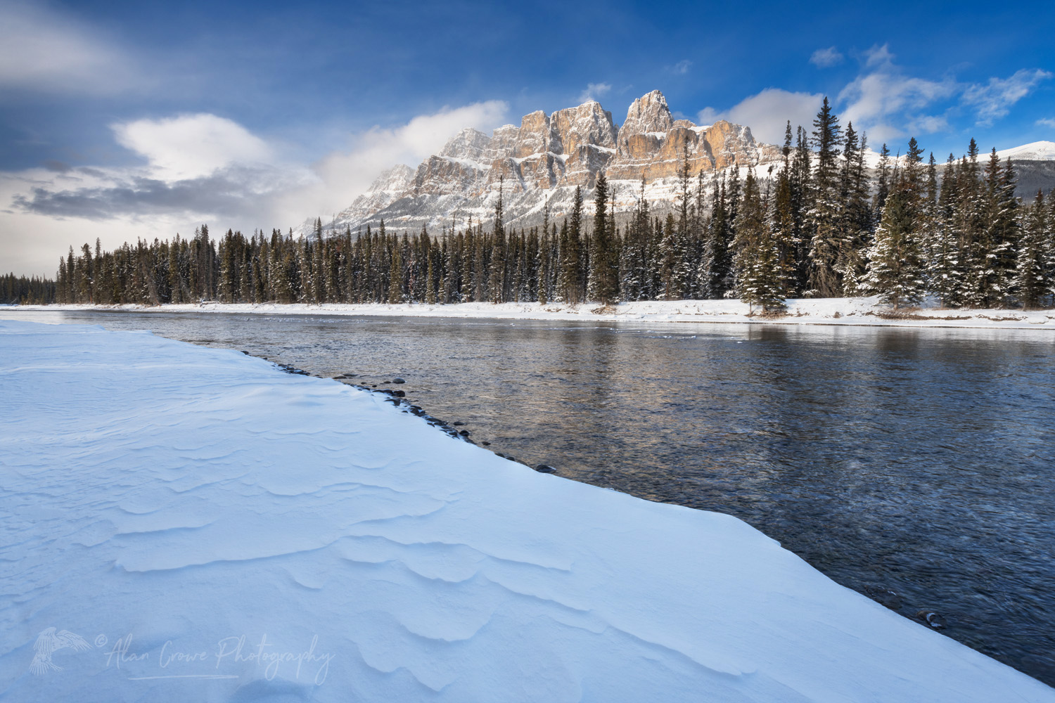 Castle Mountain and Bow River in winter. Banff National Park, Alberta Canada #82454