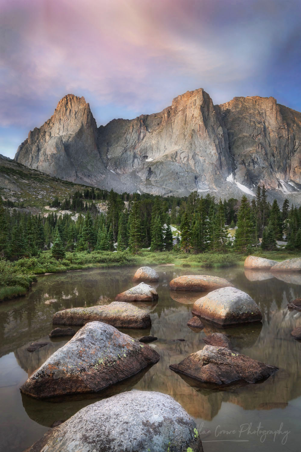 War Bonnet and Warrior Peaks reflected in Lonesome Lake at dawn in Cirque of the Towers, Popo Agie Wilderness, Wind River Range, Wyoming #78310or