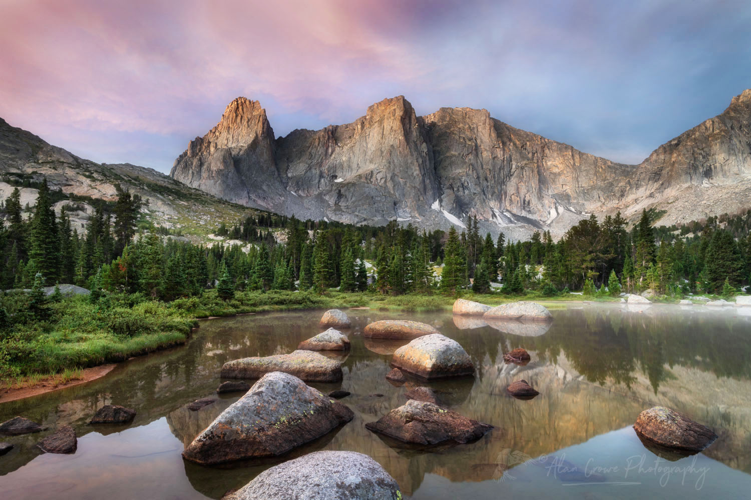 War Bonnet and Warrior Peaks reflected in Lonesome Lake at dawn in Cirque of the Towers, Popo Agie Wilderness, Wind River Range, Wyoming #78372or