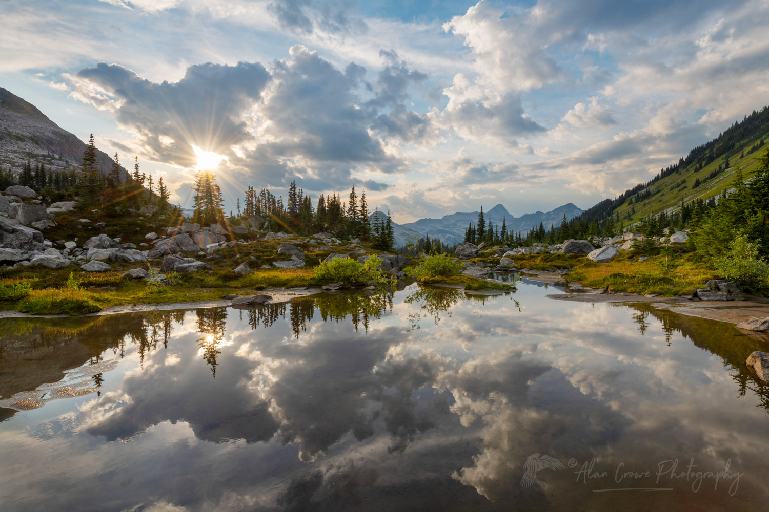 Dramatic clouds reflected in a stream in the alpine basin of Mount Rohr. Coast Range British Columbia #87124