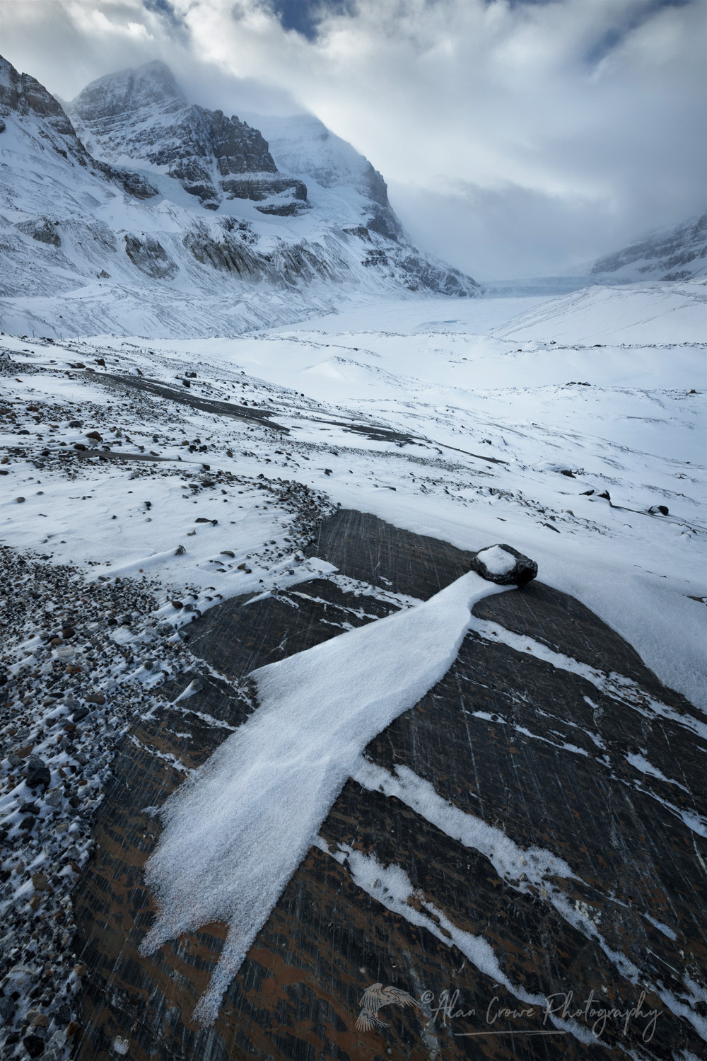 Windswept terminal moraine of Athabasca Glacier in winter. Mount Andromeda and Athabasca Glacier are in the distance. Jasper National Park, Alberta Canada #82245v