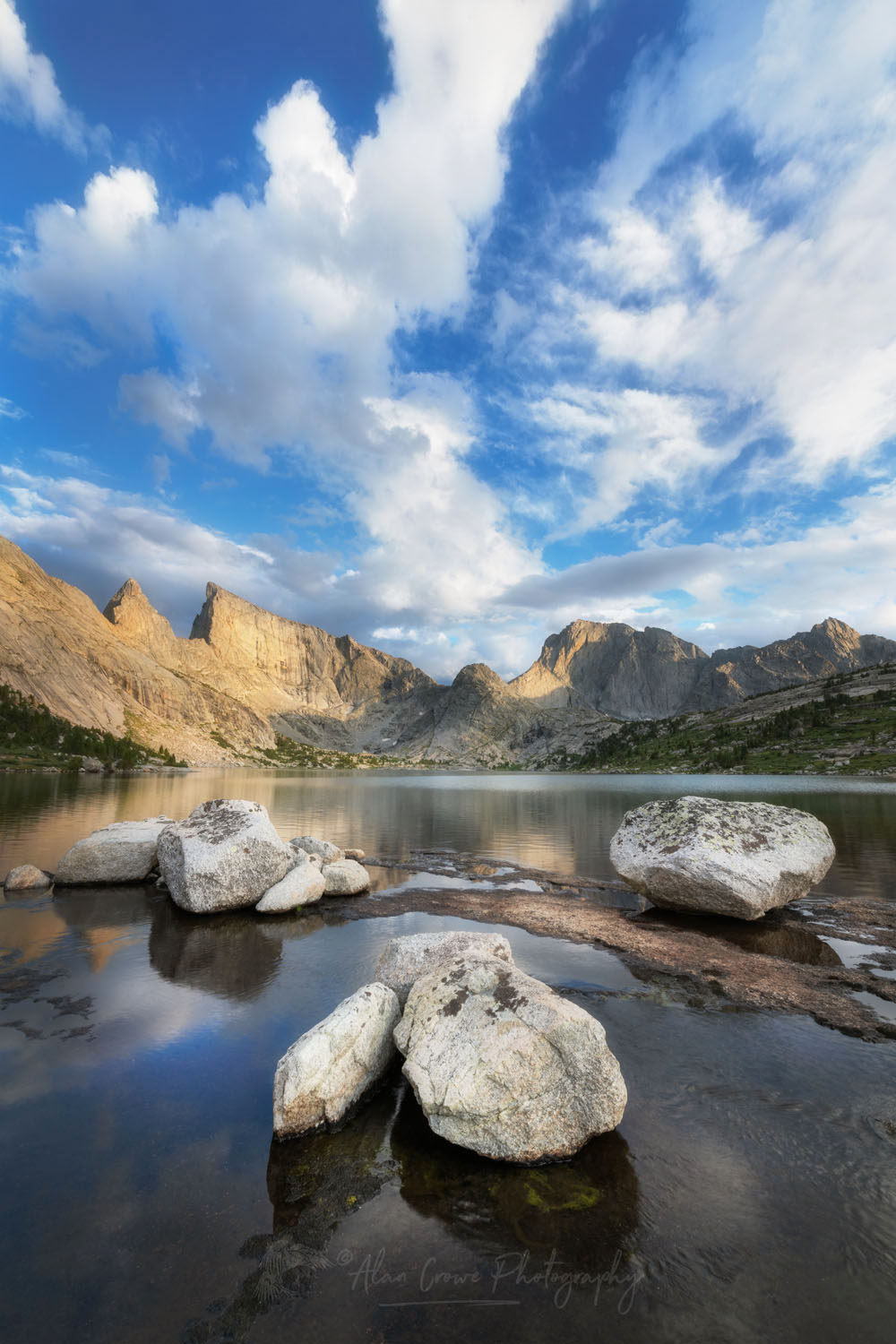 East Temple and Temple Peaks reflected in Deep Lake. Bridger Wilderness Wind River Range Wyoming #78674or