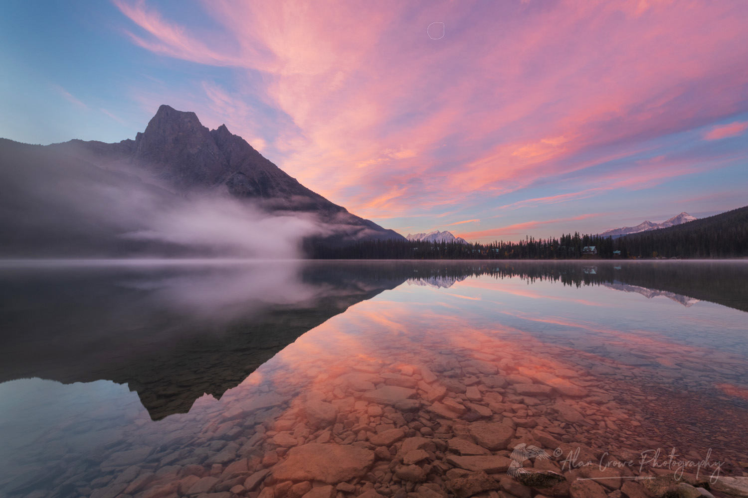 Alpenglow and Mount Burgess reflected in the still waters of Emerald Lake in the Canadian Rockies. Yoho National Park, British Columbia, Canada #81746
